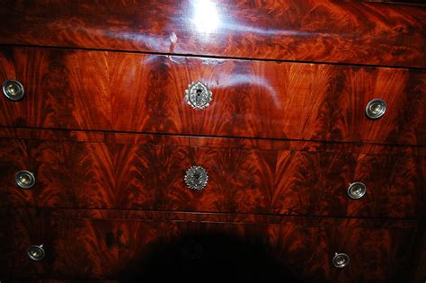 French Empire Period Flame Grain Mahogany Commode Chest with Black Marble Top For Sale at 1stDibs