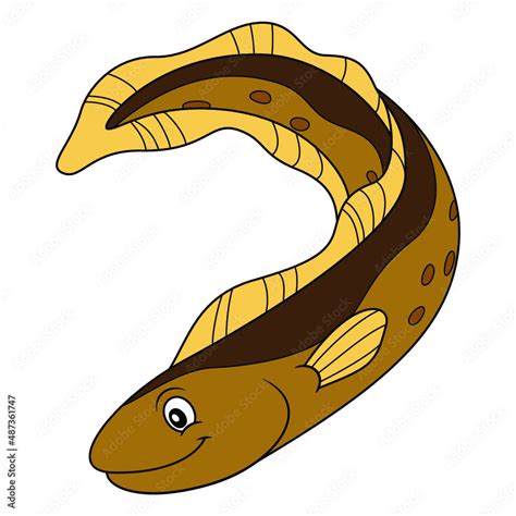 Eel cartoon style illustration with outline. Happy smiling face. Cheerful mascot and character ...