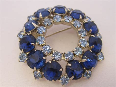 Vintage Rhinestone Jewelry - Blue and Aqua Round Brooch