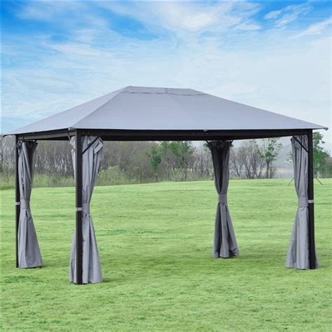 Outsunny The Pavilion Grey Metal Rectangle Permanent Gazebo with Screen Included and Polyester ...