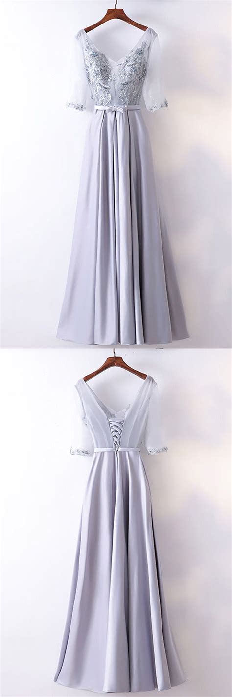 Only $109, Gorgeous Silver Satin Long Party Dress V-neck With Sleeves # ...