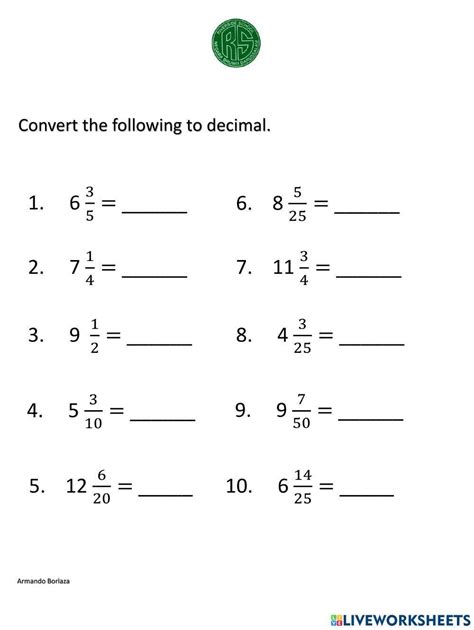 Converting Mixed Number to Decimal worksheet | Live Worksheets - Worksheets Library