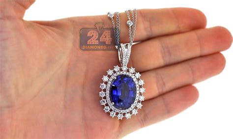 Womens Blue Sapphire Diamond Pendant Necklace 18K Gold 29.26 ct