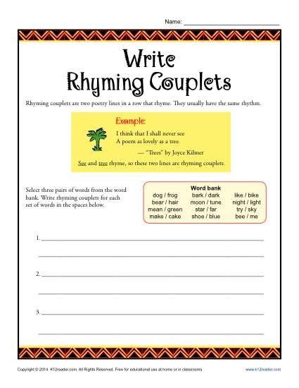 Write Rhyming Couplets | Poetry Worksheets | Poetry worksheets, Rhyming couplet, Writing lessons