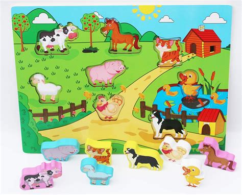 TOWO Wooden Animal Puzzles – Shinnington Farm Animals Peg Puzzles Inset ...