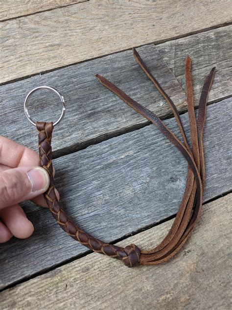 Long Brown Braided Leather Keychain Round Braid with Turk's Head Knot Key Fob