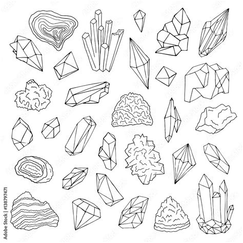 Minerals, crystals, gems Isolated black and white vector illustration hand drawn set. Stock ...