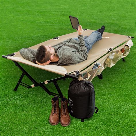 Folding Camping Bed With side Organizer Storage Durable Outdoor Sleeping Gear | Camping cot ...