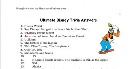 Walt Disney World and Disneyland Disney Trivia Challenge