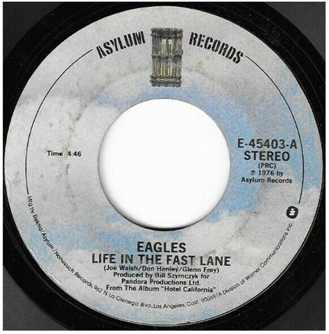 an album label for eagles'life in the fast lane, with black and white ...