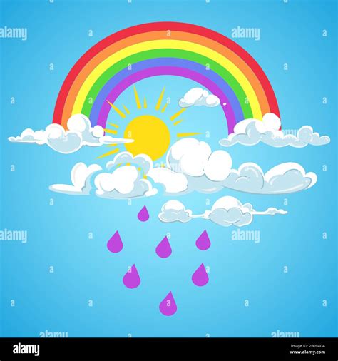 Vector rainbow and clouds with falling rain blue sky. Weather rain and ...