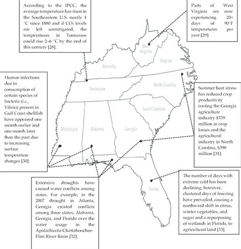 Map of Southeastern U.S. region with corresponding climate change... | Download Scientific Diagram