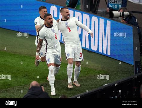 England's Luke Shaw celebrates scoring the opening goal during the UEFA ...