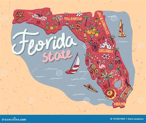 An Illustrated Map Of Florida With Destinations Vector Illustration | CartoonDealer.com #156795050