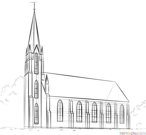 Easy Church Drawing Sketch Coloring Page