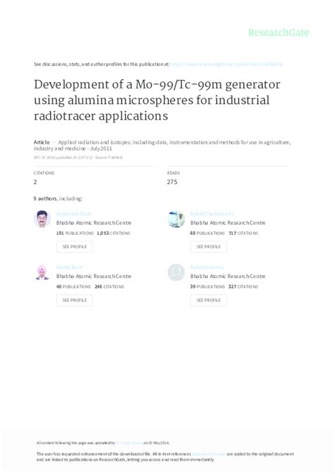 (PDF) Development of a 99Mo/99mTc generator using alumina microspheres for industrial ...