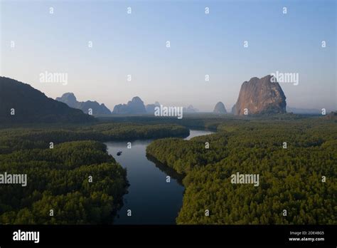 Aerial view, mangrove forest with meandering river and high karst rocks ...