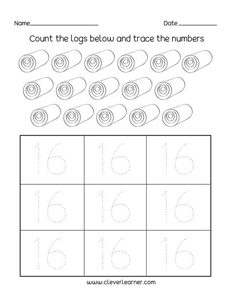 Number 16 writing, counting and identification printable worksheets for ...