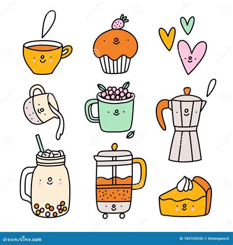 Cute Coffee and Tea Cartoon Characters, Vector Set Stock Vector ...