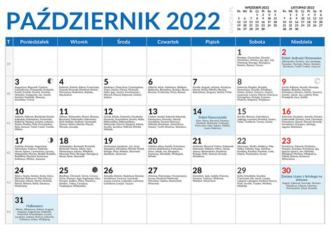 Kalendarz październik 2022 - kalendarz października