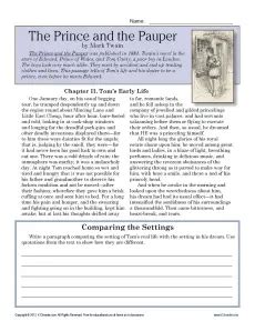 The Prince and the Pauper | 7th Grade Reading Comprehension Worksheet