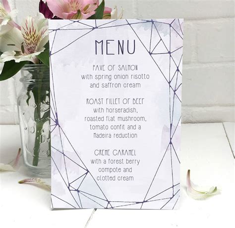 lilac crystal watercolour wedding breakfast menu card by peardrop ...