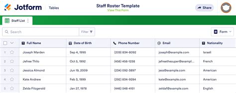 Staff Roster Template | Jotform Tables