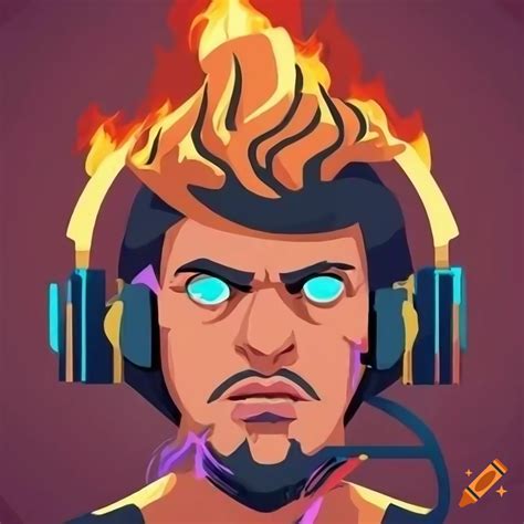 Arcane runic fire god with gaming headphones in epic vector illustration on Craiyon