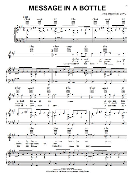 Message In A Bottle by The Police Sheet Music for Piano, Vocal & Guitar Chords (Right-Hand ...