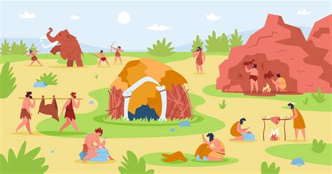 Primitive people life scene, stone age characters lifestyle ...