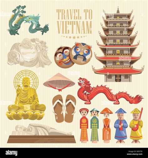 Travel to Vietnam. Set of traditional Vietnamese cultural symbols Stock ...