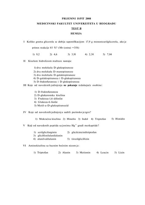 Hemija: prijemni test za upis na Medicinski Fakultet u Beogradu ...