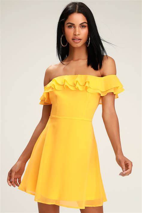 Fun Yellow Dress - Yellow Skater Dress - Off-the-Shoulder Dress - Lulus