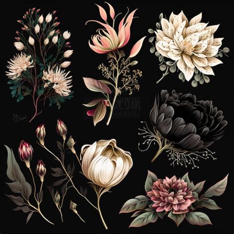 Premium Photo | A collection of flowers on a black background.