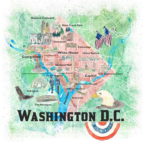 Washington DC USA Illustrated Map With Main Roads Landmarks - Etsy Canada