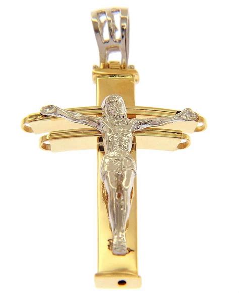 Patriarchal Cross with Body of Christ Pendant gr 3,6 Bicolour yellow white Gold 18k Hollow Tube ...