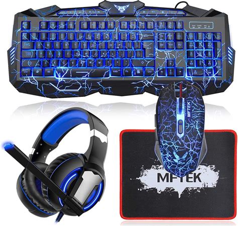 Gaming Keyboard Mouse and Headset Combo MFTEK Wired Backlit Keyboard LED Lighted Mouse Over-ear ...