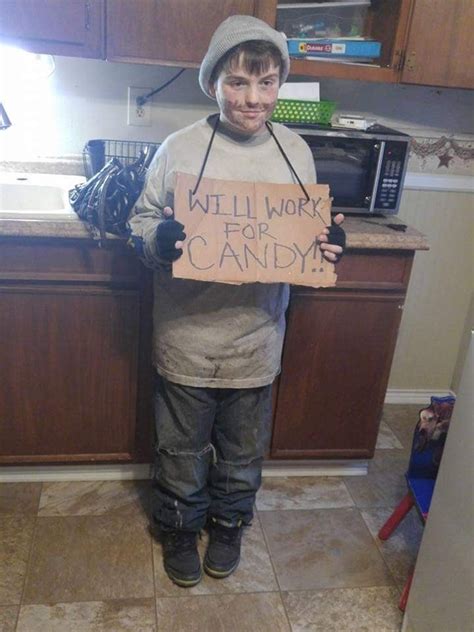 Last minute Halloween costume. Homeless man holding "will work for candy" sign | Mens halloween ...