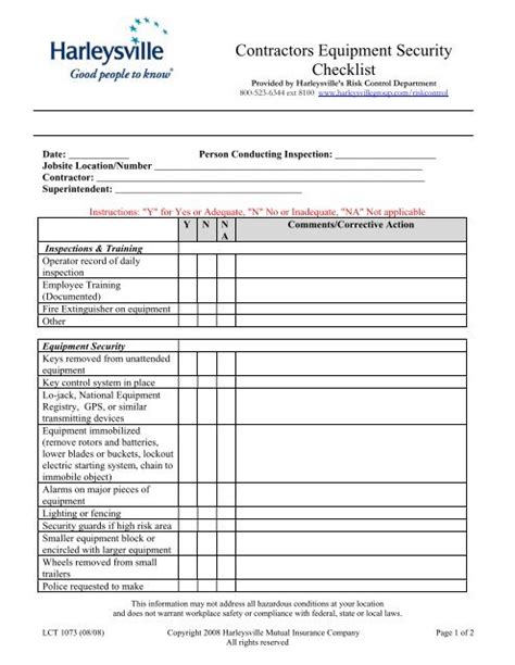 Contractors Equipment Security Checklist - Harleysville Insurance