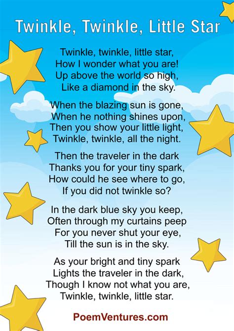 Twinkle, Twinkle Little Star Lyrics | Kid Song Lyrics | PoemVenture’s ...