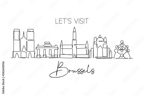 One continuous line drawing of Brussels city skyline, Belgium ...