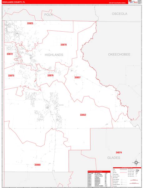 Highlands County, FL Zip Code Wall Map Red Line Style by MarketMAPS - MapSales