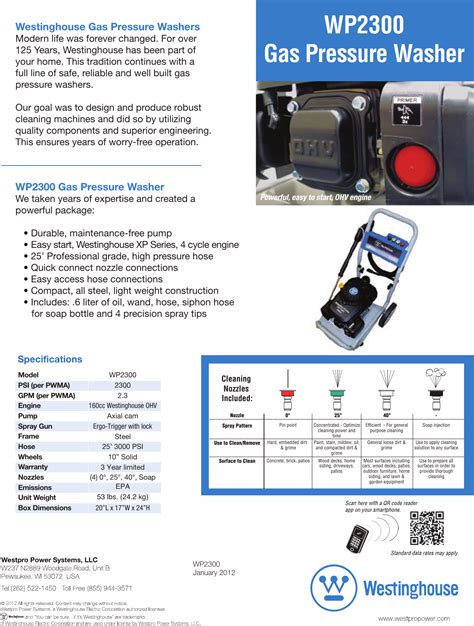 Westinghouse Wp2300 Specification Sheet Spec Single Page