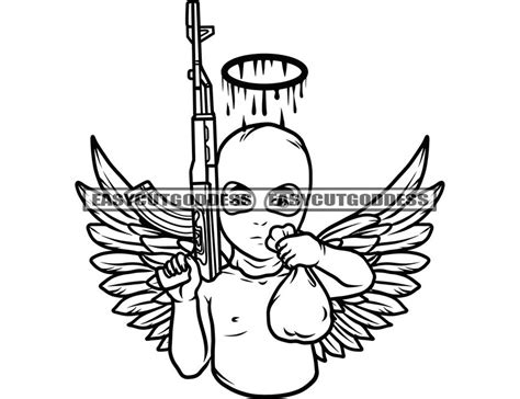 Baby Boy Gangster Angel Carrying Handgun Riffle Weapon Ski Mask Money Bag Wings Fairy Statue ...