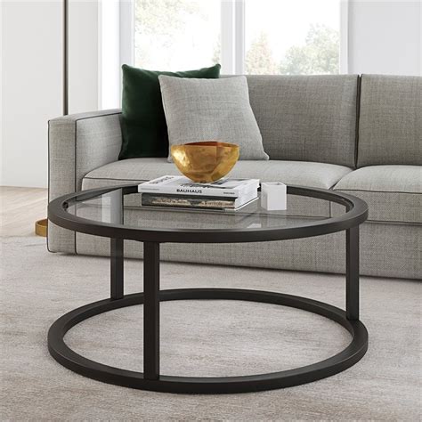 Industrial Modern Round Coffee Table, Glass Cocktail Table in Blackened Bronze for Living Room ...