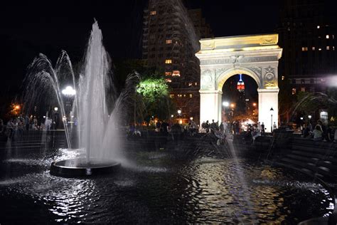 26 New York Washington Square Park Fountain And Washington Arch At Night With Empire State Building