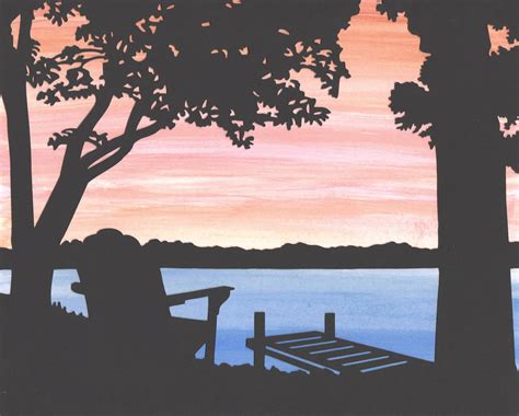 Adirondack Sunset Wall Art Paper Cut Art Lake Dock Scene 8X10