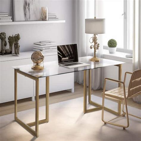 Homy Casa Slip 47 in. Rectangular Clear Glass Top Elegant Computer Desk with Golden Base SLIP ...