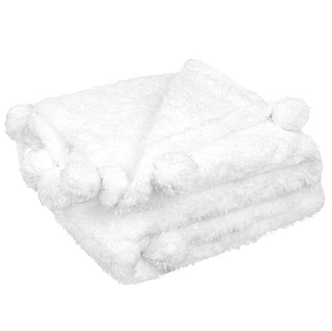 PAVILIA White Sherpa Twin Throw Blanket with Soft Pom Pom Fringe, Plush ...