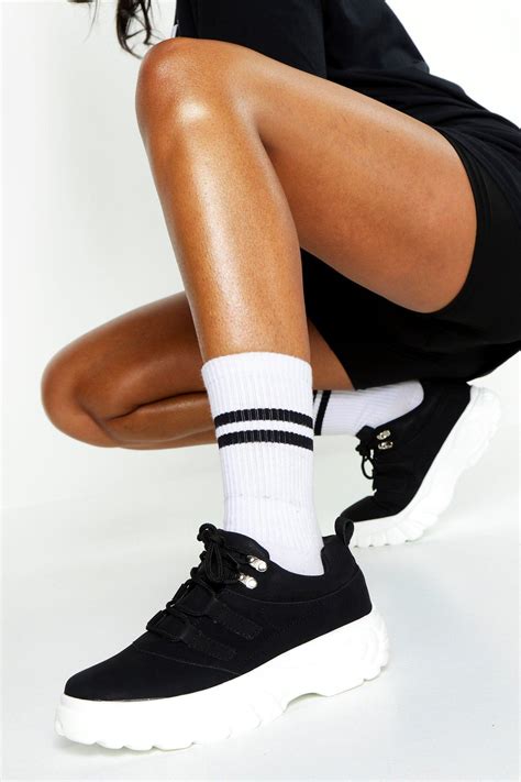 Boohoo Chunky Platform Lace Up Trainers in Black - Lyst